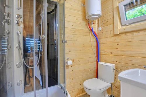 a bathroom with a shower and a toilet and a sink at DOMKI u WILKA - Solina Centrum in Solina