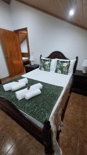 ein Schlafzimmer mit einem Bett und zwei Kissen darauf in der Unterkunft Cais House in São Roque do Pico