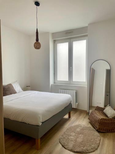 a bedroom with a large bed and a mirror at Au Petit Colombage - Cosy au centre de Mulhouse - Gare proche in Mulhouse