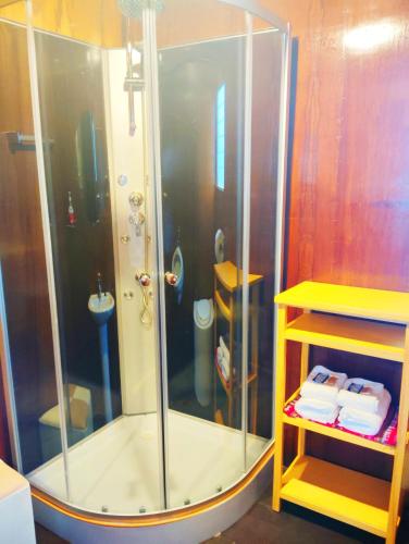 a shower stall in a bathroom with a sink at Titikaka sky view lodge in Puno