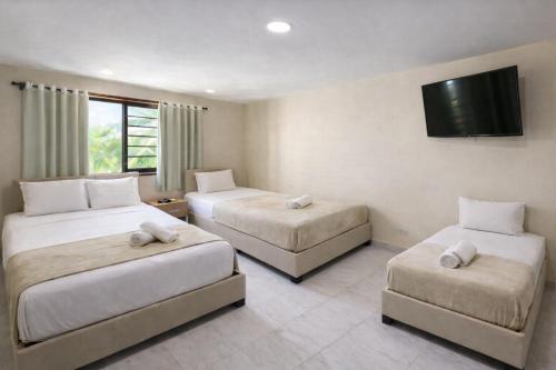 a hotel room with two beds and a flat screen tv at Hotel ladymar cartagena in Cartagena de Indias