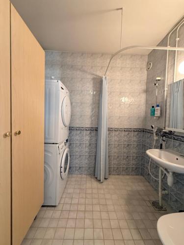a bathroom with a washing machine and a sink at The Treetop Apartment in Turku