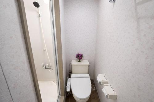 a small bathroom with a toilet and a shower at Ikoi in Nikko
