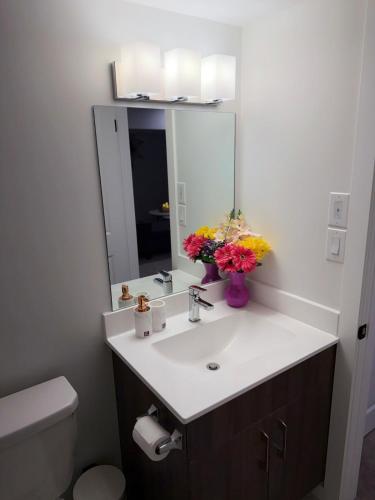 a bathroom with a sink with a mirror and flowers at Cozy and Stylish Private Basement Suite in Winnipeg
