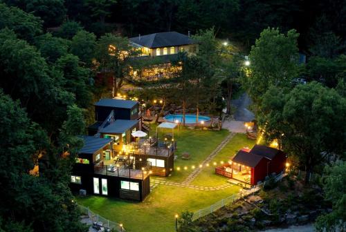 an aerial view of a home at night at Gapyeong Ruba Pension in Gapyeong