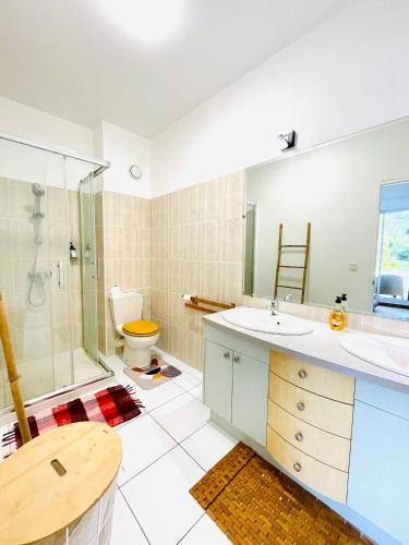 a bathroom with a sink and a shower and a toilet at Le Reka du Grand Large in Papeete