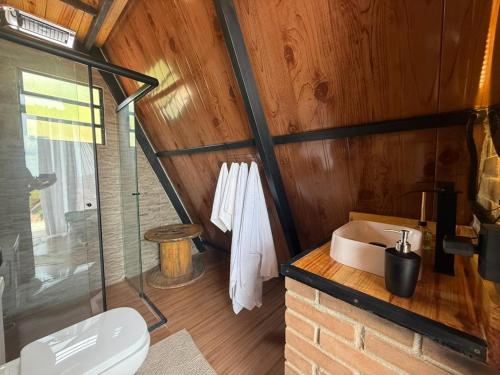 a bathroom with a sink and a glass shower at Cabana da Lua Chalés Vero Verde in Serra Negra