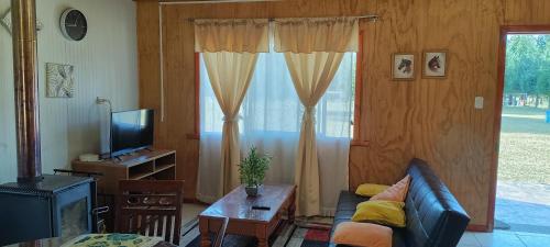 a living room with a couch and a tv at Cabaña La Ondina in Melipeuco