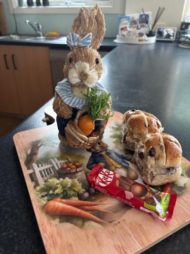 a wooden cutting board with a stuffed rabbit and vegetables at Balcombe Retreat Mornington in Mornington