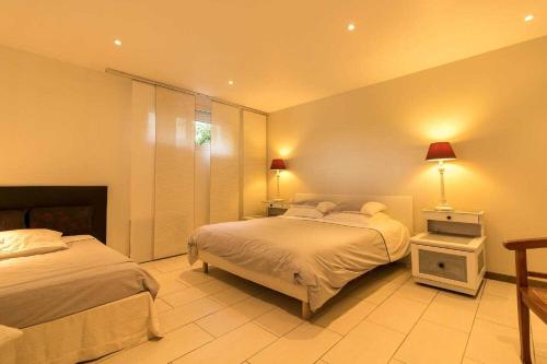 a bedroom with two beds and a fireplace at La marquette in Montrabé