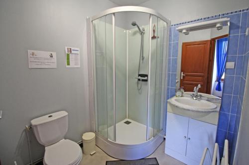 a bathroom with a shower and a toilet and a sink at Le monteil in Arnac-la-Poste