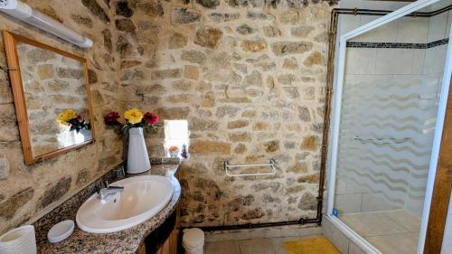 a stone bathroom with a sink and a shower at La rivaille in Lussac-les-Églises