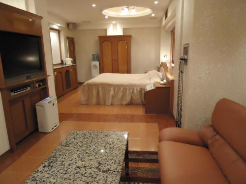 a living room with a bed and a television at ホテル アイアンプレミアム 六甲店 Adult only男塾ホテルグループ in Kobe