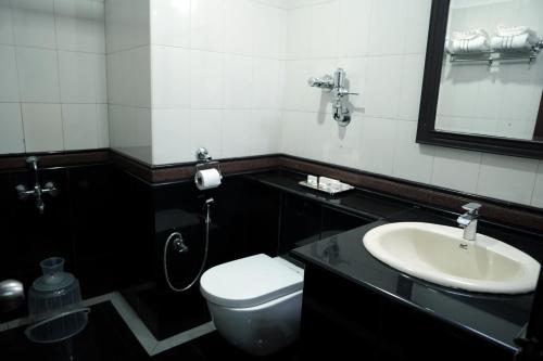 a bathroom with a sink and a toilet and a mirror at KRISHNA HOLIDAY VILLAGE in Trichūr