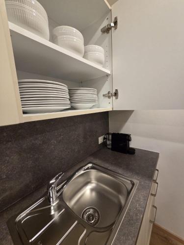 a kitchen counter with a sink and plates in a cabinet at Urlaub am Weinhof Ramminger in Gleisdorf