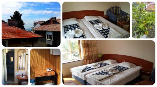 a collage of pictures of a bedroom with two beds at Guest House Margarita in Pomorie