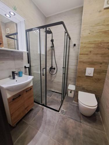 a bathroom with a shower and a toilet and a sink at Nearby PORTONOVI-Norwegian-village DUPLEX in Đenovići