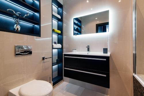 ロンドンにあるKensington Garden View Apartmentのバスルーム(トイレ、洗面台、鏡付)