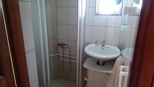a small bathroom with a sink and a shower at Holiday Home Stella in Žabljak