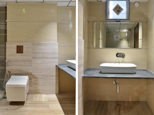 two images of a bathroom with a sink and a mirror at Hotel Maya Cottage' Newly Rebuilt 2026' Near New Delhi Railway Station & Connaught place in New Delhi