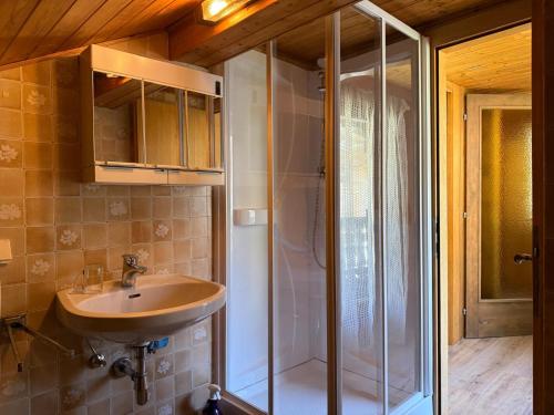 a bathroom with a sink and a shower at Knusperhäuschen Nassfeld in Sonnenalpe Nassfeld