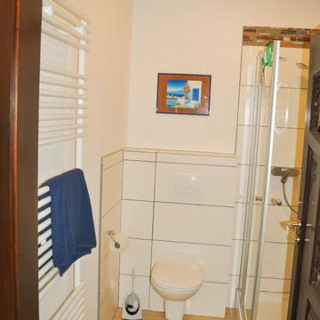a small bathroom with a toilet and a shower at Kleine Bella in Ilmmünster