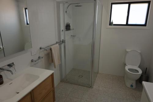 a bathroom with a shower and a toilet and a sink at Rivergums Cottage in Dubbo