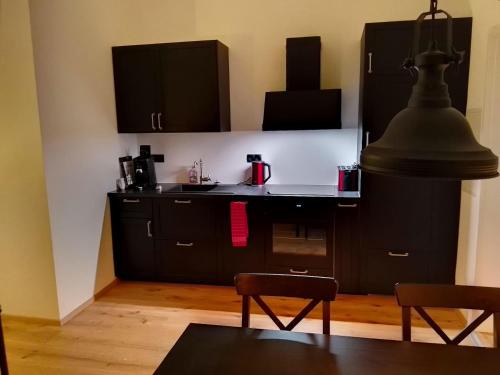 a kitchen with black cabinets and a table and chairs at Railway cottage in Dürnstein in Dürnstein