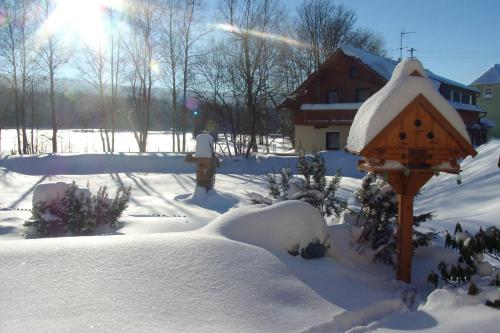 a snow covered yard with a bird feeder and a house at Landpension Heidi Machold in Weißenstadt