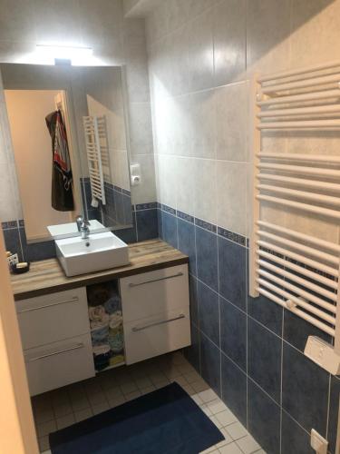 a bathroom with a sink and a mirror at Armorique résidence in Malestroit