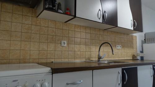 a kitchen with a sink and a tiled wall at Apartment Daca in Vir