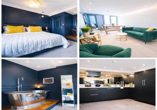 three different pictures of a bedroom and a bathroom at 4 Bedroom House for Work Crews, Each Guest Has Own Room, Weekly Rates by Bluehouse Shortlets Brighton in Brighton & Hove