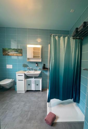 a blue bathroom with a shower and a sink at Auberge Pour Tous in Vallorbe