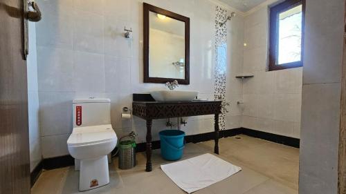 a bathroom with a toilet and a sink and a mirror at Grand Mumtaz Tangmarg in Tangmarg