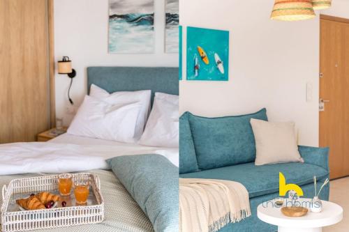 two pictures of a bedroom with a bed and a couch at Sun-Splashed Top-Floor APT with Seaview and Jacuzzi! in Vari