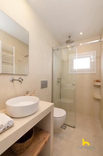 a bathroom with a sink and a toilet and a shower at Sun-Splashed Top-Floor APT with Seaview and Jacuzzi! in Vari