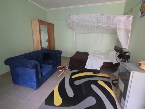 a living room with a blue chair and a rug at Ibus Nawi homes in Lodwar