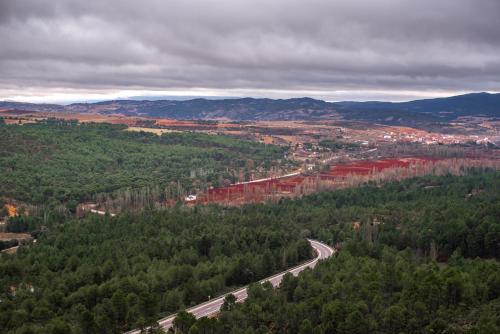 an aerial view of a road through a forest at El Llano de los Conejos Serranía de Cuenca in Cañamares