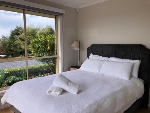 a bedroom with a large white bed with a window at Montrose Hilltop Garden Retreat in Rosetta