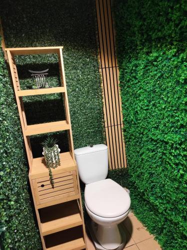 a toilet sitting in front of a green wall at Glamping en pleine nature Rêve et Racines in Gros-Morne