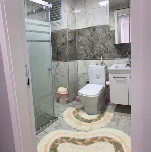 a bathroom with a shower and a toilet and a sink at Kuğu Apart Pansiyon in Sinop