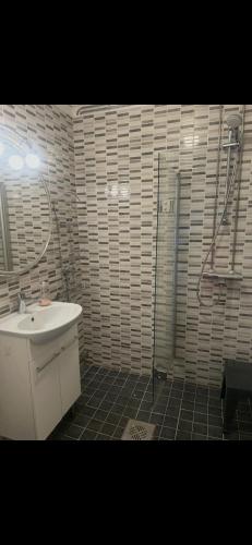 a bathroom with a shower and a sink and a toilet at Martan Porti Three-bedroom house in Imatra