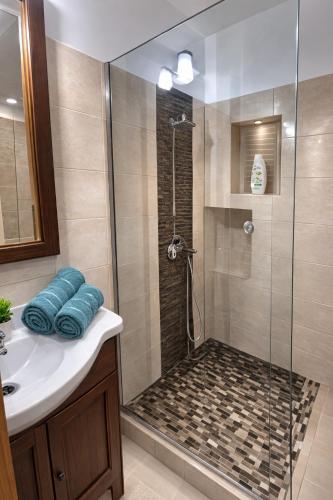 a bathroom with a shower with a sink and a glass shower at Sara Apartment Centru Râmnicu Vâlcea in Râmnicu Vâlcea