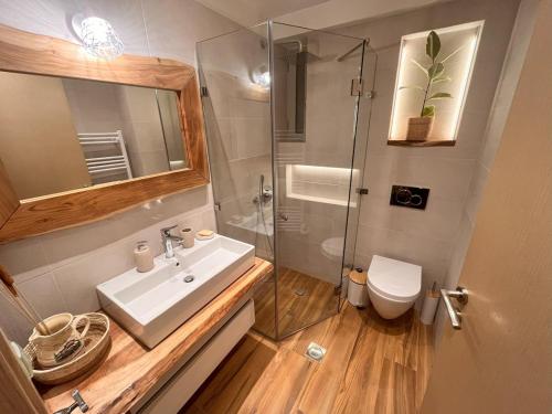 a bathroom with a shower and a sink and a toilet at Harmony garden house in Porto Rafti