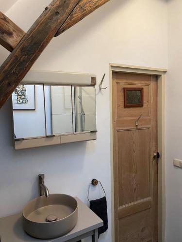 a bathroom with a sink and a wooden door at Appartement city center in Harlingen
