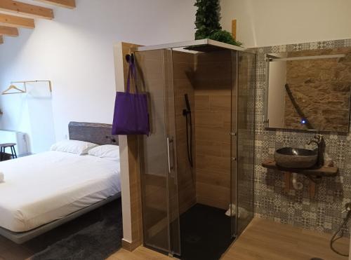 a bedroom with a glass shower and a bed at Pensión A Lubre in Fisterra