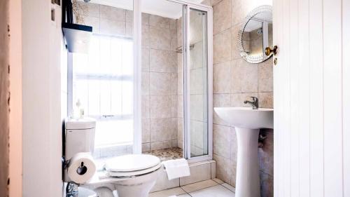 a bathroom with a shower and a toilet and a sink at Beach Forest Lodge - Milkwood in Ballito