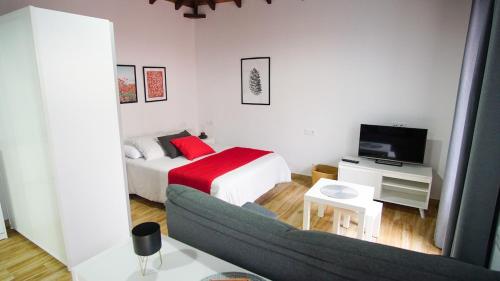 a bedroom with a bed and a couch and a television at Casita Las Lajas in El Paso