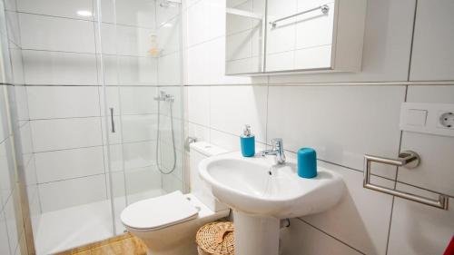 a bathroom with a sink and a toilet and a shower at Casita Las Lajas in El Paso