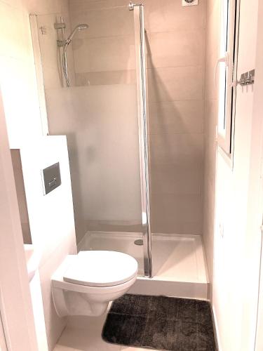 a bathroom with a toilet and a shower at Makosieje Resort-15m od brzegu,widok na jezioro,wi-fi in Makosieje